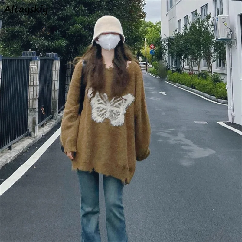 

Pullovers Women Ripped Holes Streetwear Vintage Knitted Sweaters Корейская Мода All-match Loose Casual Tops Butterfly Printed