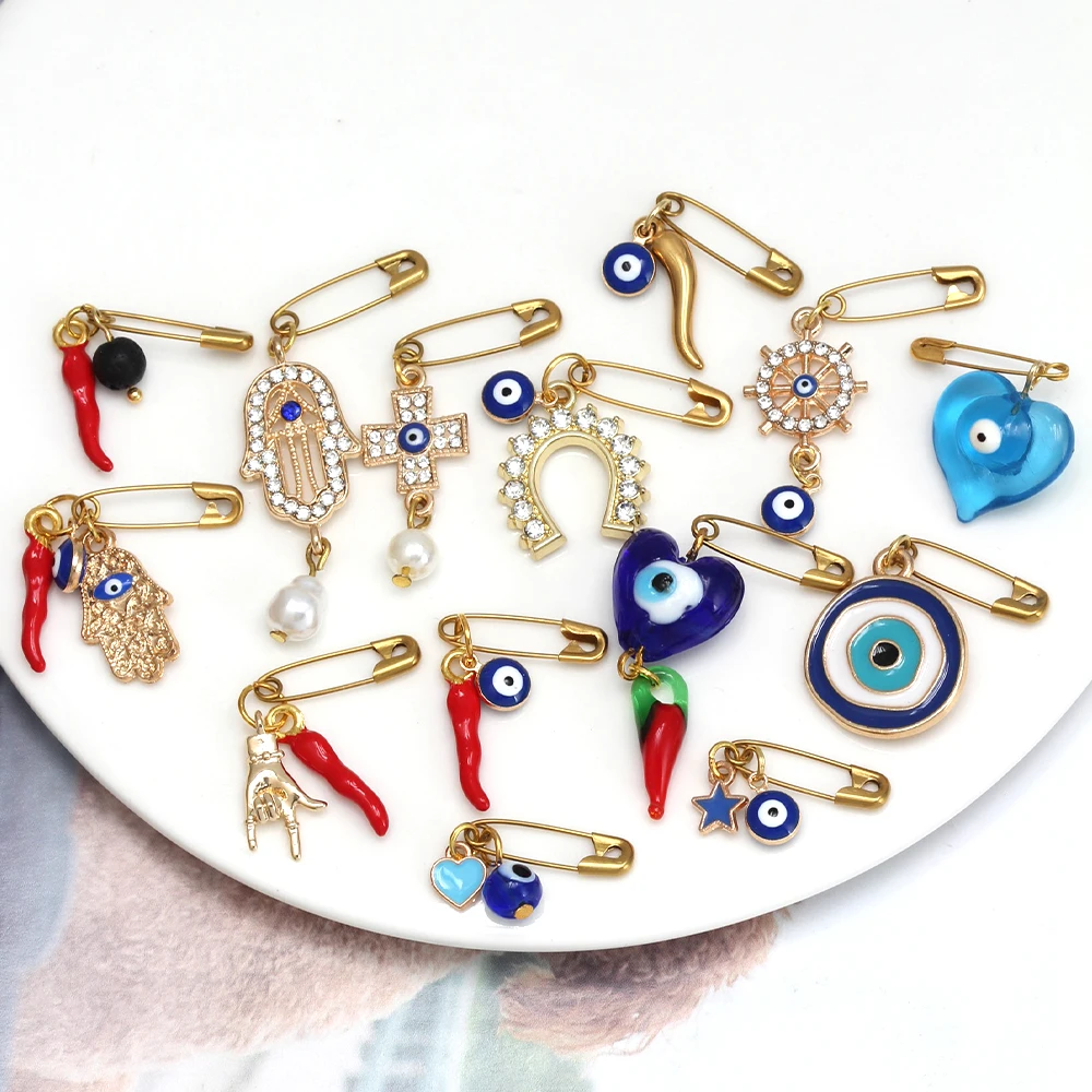 Lucky Eye 2pcs/lot Pepper Shape Brooch Pin Alloy Fatima Hand Turkish Evil Eye Charm Brooch for Women Men Fashion Jewelry