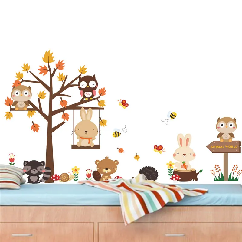 Lovely Forest Animal Maple Tree Wall Sticker For Kindergarten Kids Room Home Decor Cartoon Safari Mural Art Wall Decal