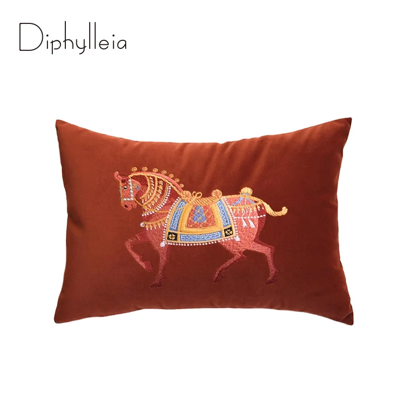 Diphylleia Warm Autumn Orange Decorative Cushion Cover H Style Horse Embroidery Stunning Lumbar Pillow Case 35x50cm For Sofa Bed