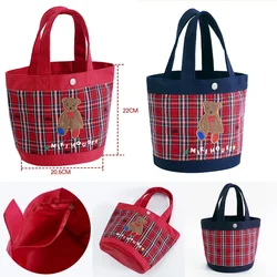 Miki Handbag, Bear Letter Embroidery, Plaid Mommy Bag, Hand Carrying Cartoon Bucket Bag