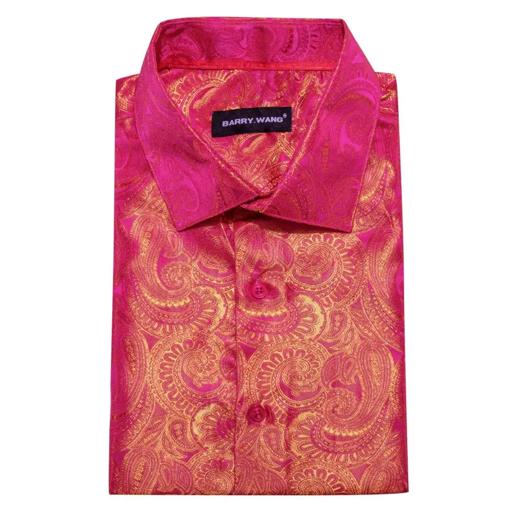 Luxury Shirts for Men Silk Embroidered Rose Red Gold Paisley Long Sleeve Slim Fit Male Blouses Turn Down Collar Tops Barry Wang