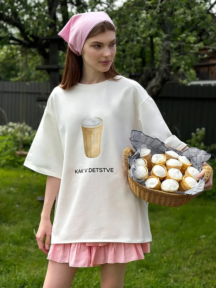 Sunuyoo Summer New Printed T-Shirt 100% Cotton Women's Fashionable O-Neck Loose Short Sleeved Female Casual Cute Top