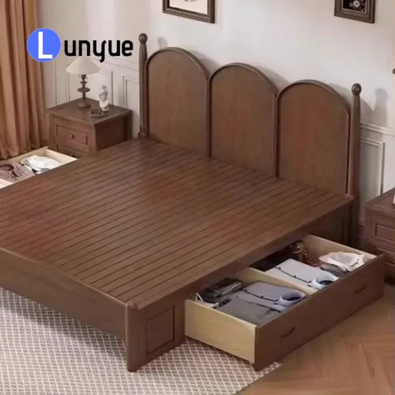 Modern Rubber Wood Platform Bed Frame with Storage King Size Simple Bedroom Furniture Integrated Finishes Durable Natural