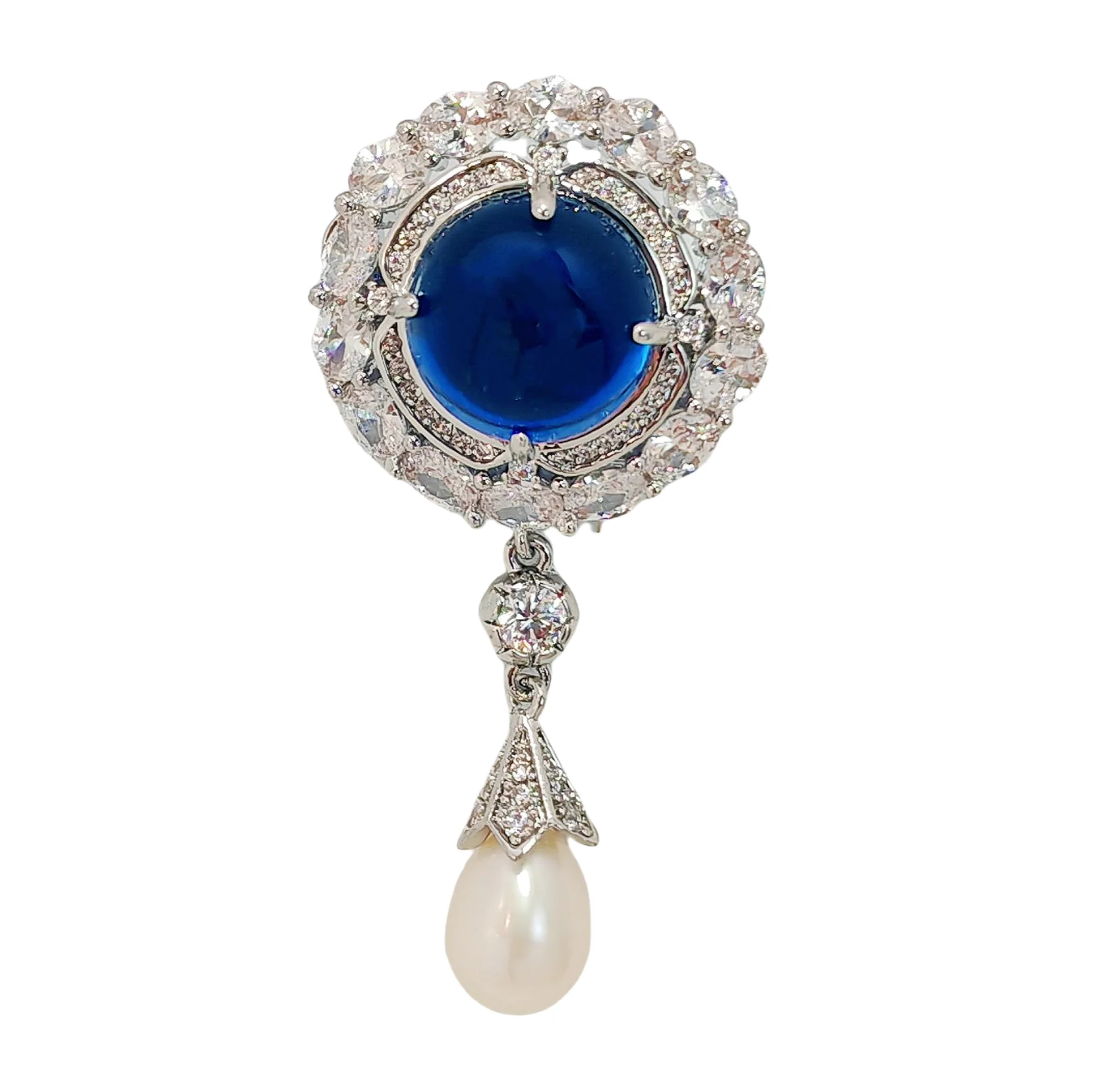 

Delicate Blue Round Cabochon CZ & Pearl Drop Brooch, Luxury Queen Jewelry