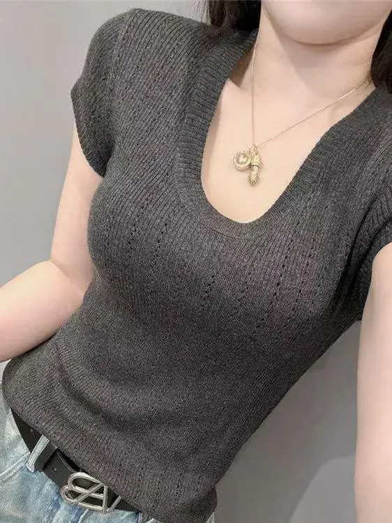 

Summer New Style Women's Slim Fit Short Sleeve Knitted U-Neck Top Fashionable Color Hollow out Design Versatile Knitwear