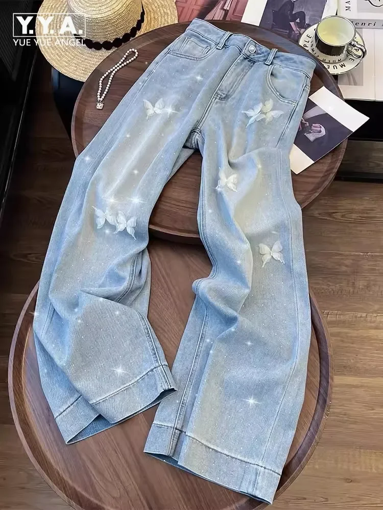 

Летняя мода, новый стиль, винтажные женские широкие джинсы с аппликацией, прямые брюки с высокой талией и бриллиантами, джинсовые брюки полной длины