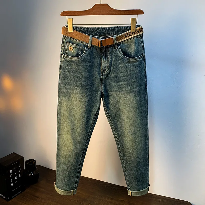 Celana panjang jeans Bordir modis untuk pria, celana panjang denim bordir modis slim fit gaya Korea musim gugur 2024, celana panjang jeans longgar elastis untuk pria