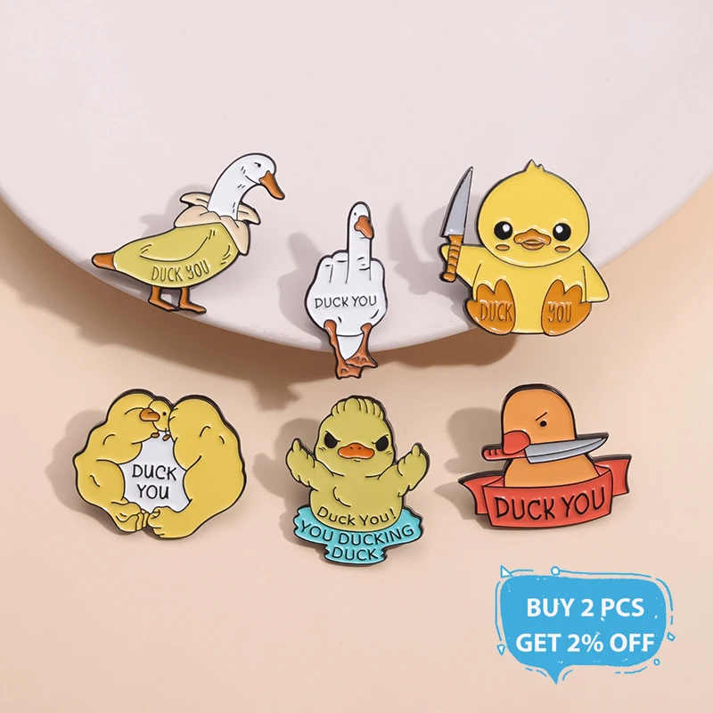 Duck You Middle Finger Enamel Pin Cartoon Funny Duck with Knife Brooch Lapel Backpack Badge Jewelry Gifts for Friends