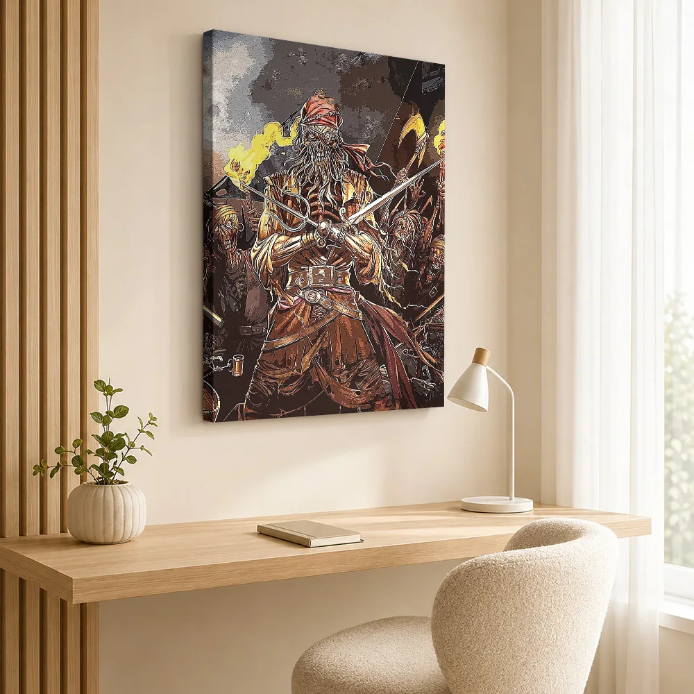 Undead Pirate Captain Framed Canvas Poster Customized Photo Expressive Brushwork Wall Art For Reading Room, Fantasy Fan Gift