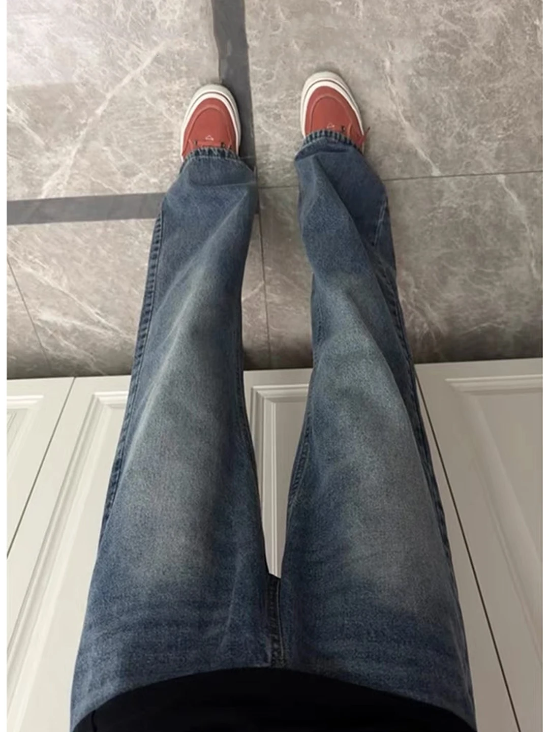 

Retro Waed Fce Lined Men's Jeans mid Waist Straight Leg American Sle Small Size Autumn Winter Cleanfit Flared Pants