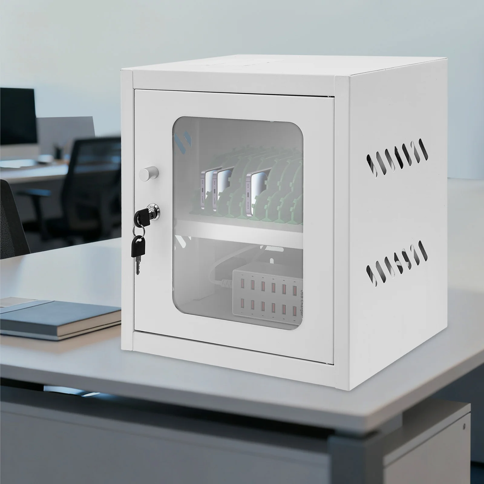 

Charging Cabinet Cellphone Charging Station Desktop Organizer with Safety Overload Overcurrent Protections for Device Storage