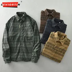 Vintage Corduroy Long Sleeve Shirts For Men Hip Hop Retro Geometry Pattern Button Up Casual Shirt Jackets Male Workwear Clothes