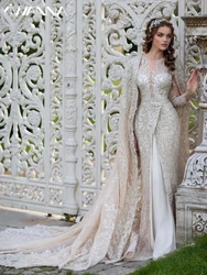 Modest Long Sleeve Bridal Dress Sparkly Sequin Bead Wedding Gown Luxury Mermaid With Cape Bride Customized Robe Vestido De Novia