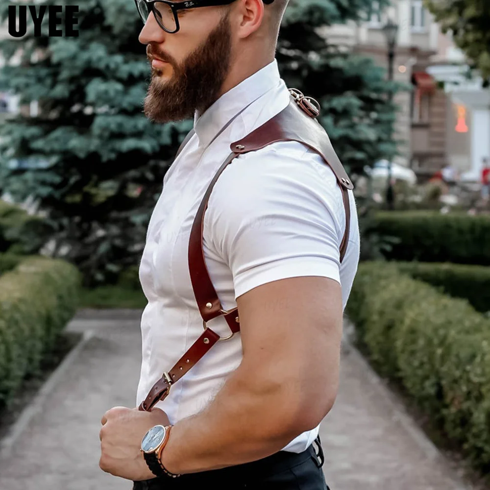 UYEE Punk Fashion PU Leather Suspenders for Men Shirt Trousers Buckle Adjustable Belts Vest Straps Braces Harness Rave Fetish