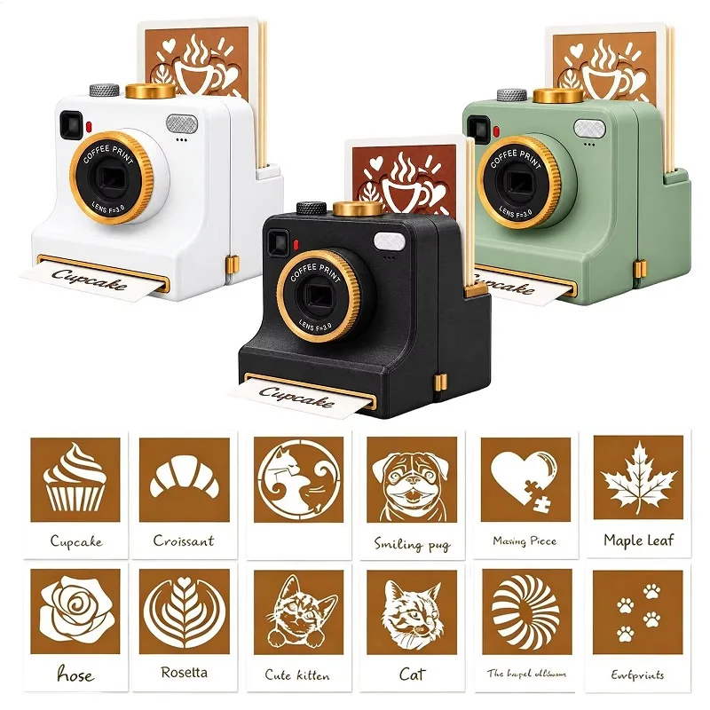 @3D Printed Funny Coffee Latte Camera Replaceable Cards One Touch Press DIY Latte Art Camera Tool Vintage Look Included Stencils
