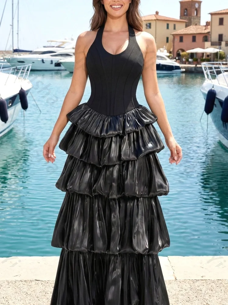 Maßgeschneiderte sexy schwarze Neckholder-Abendkleider, elegantes, rückenfreies Promi-Kleid, exquisite, hochwertige Ball- und Partykleider