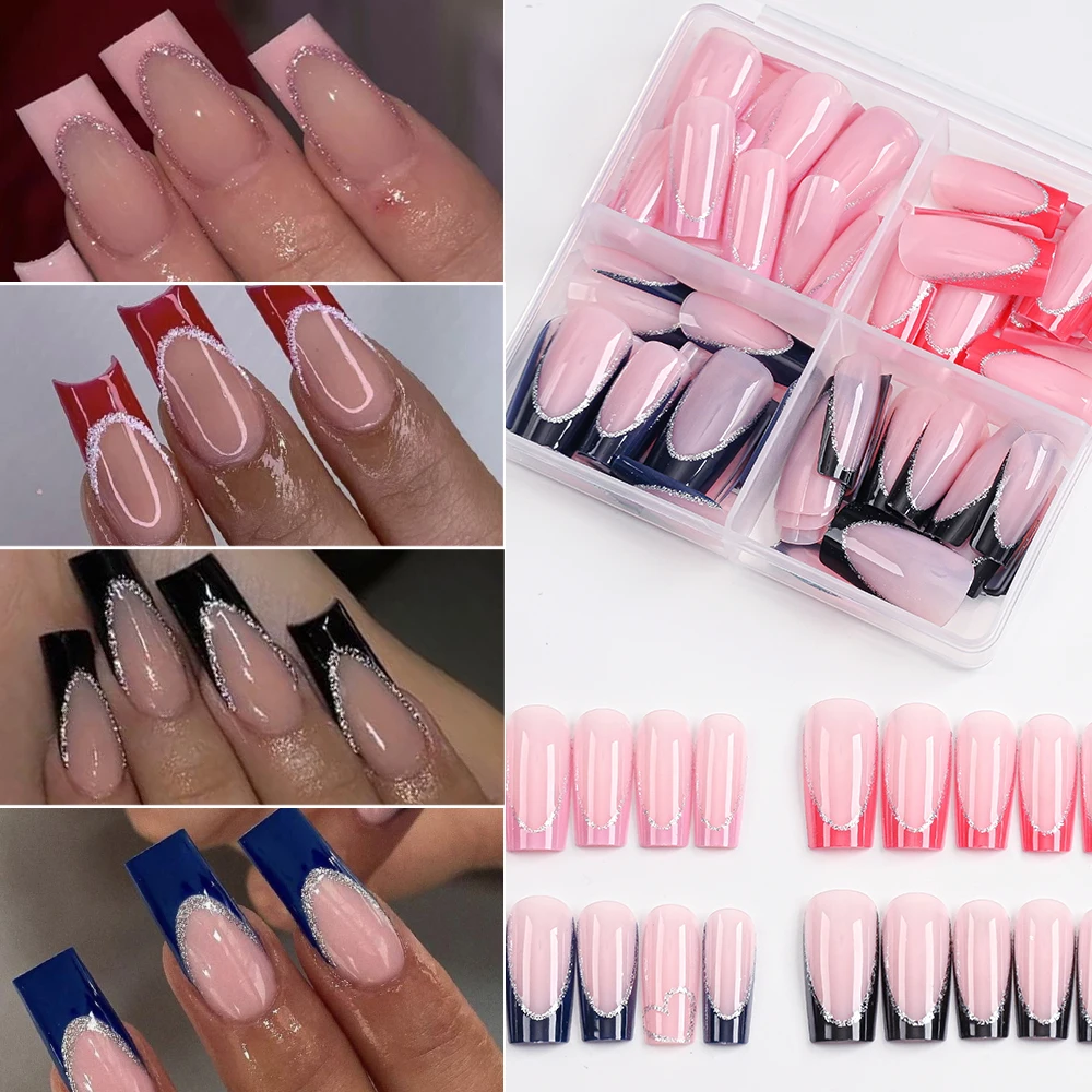 

96pcs/Box French Ballet Fake Nails Pink Red Black Blue Design False Nail Long Coffin Press On Nail Mixed Full Cover Nail Tips*#%