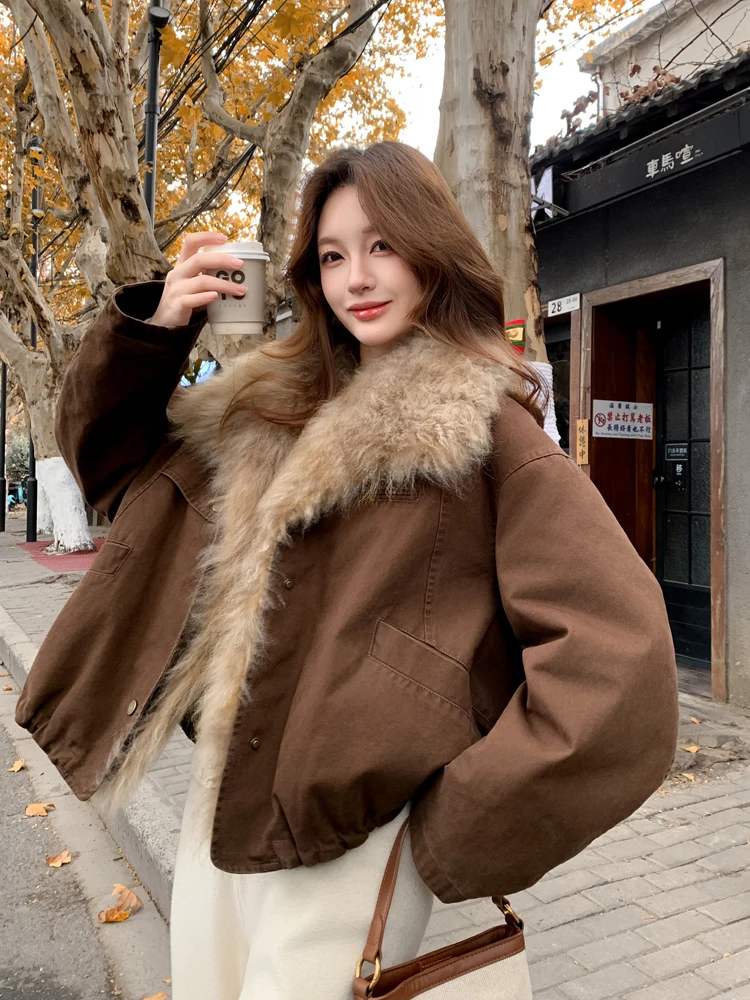 

2025 New Women's Parka Coat Goat Cashmere Detachable Large Fur Collar down Jacket Coffee Color 90 White Goose down Warmth