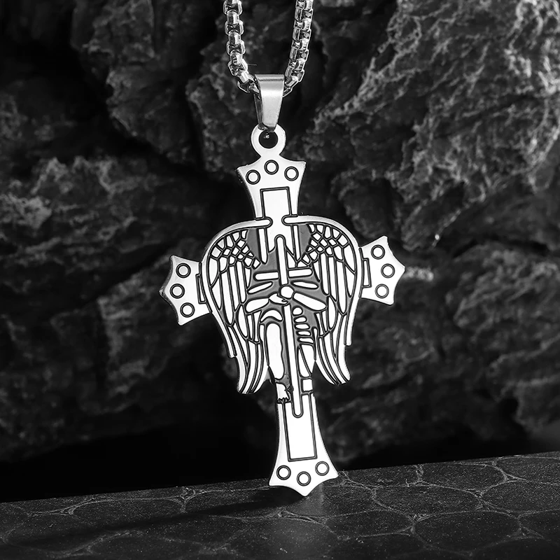 Stainless Steel Holy Archangel Saint Michael Cross Pendant Necklace Men Women Saint Michael Amulet Jewelry