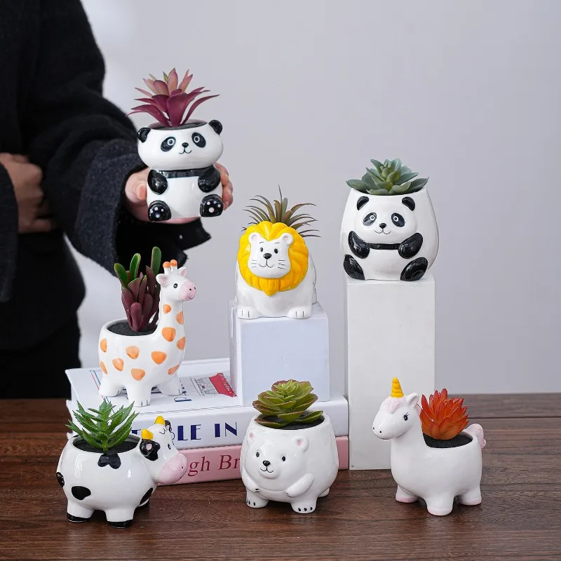 Nordic Cute Cartoon Animal Succulent Flower Pot Featuring Owls Pandas Giraffes Ceramic Vase Adorable Animal Plant Pot Home Decor