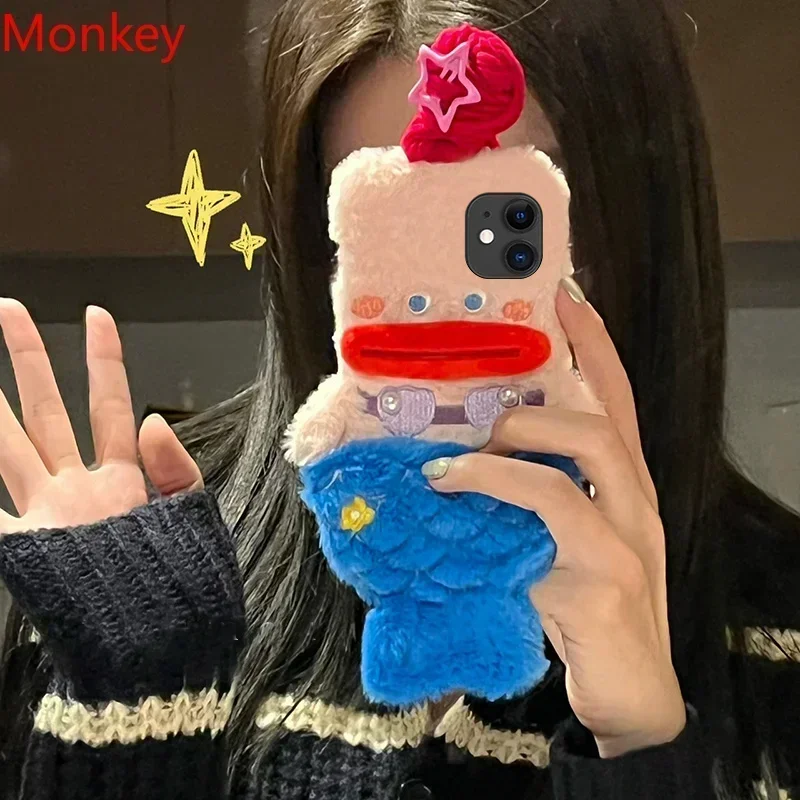 3D Cute Plush Mermaid Girls Gift Phone Case For iPhone 15 14 13 Pro Max 12 11 X XR 6 7 8 Plus Winter Fluffy Hair Soft Back Cover