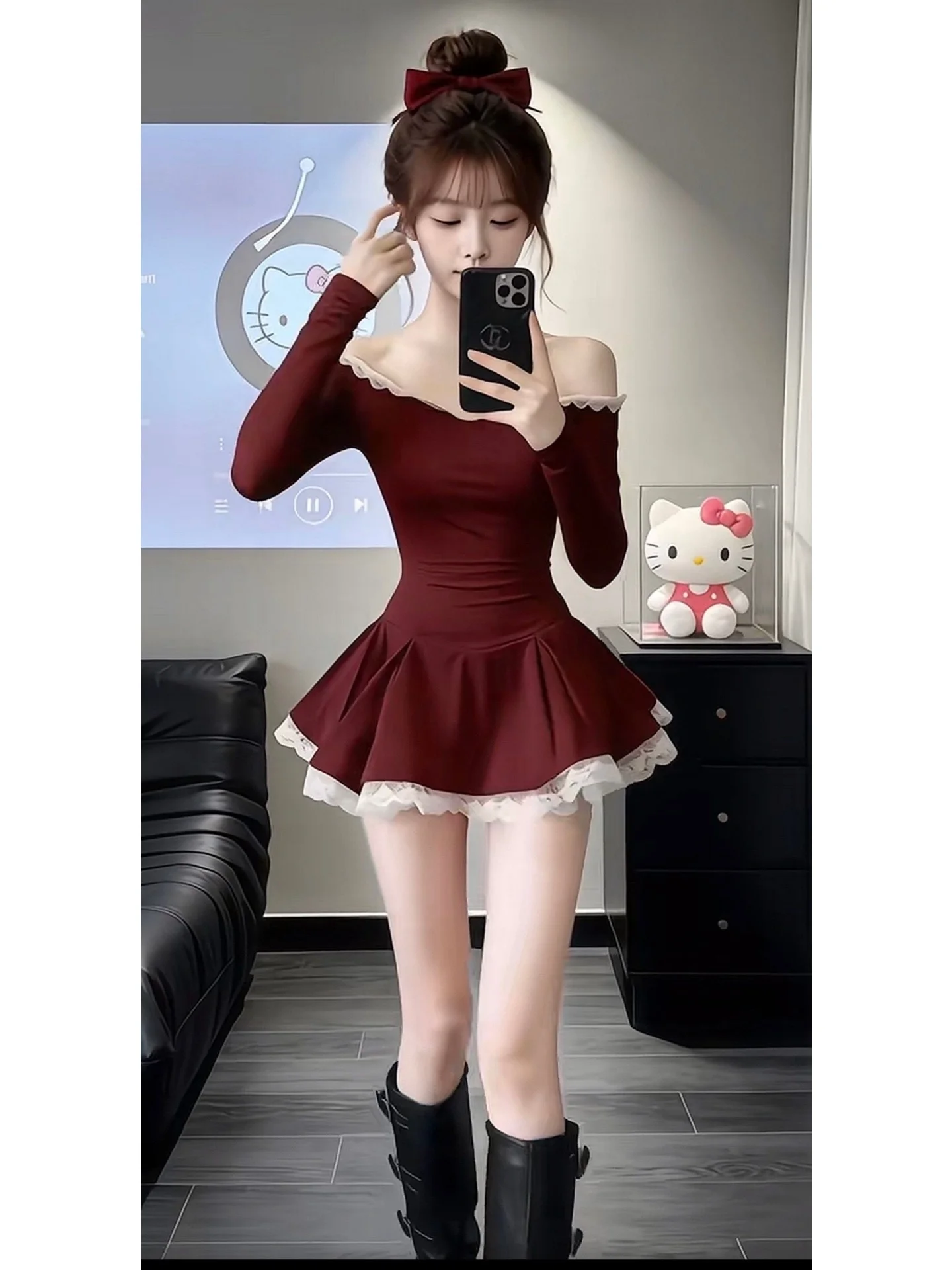 Falda Larga de Poliéster con Cintura Elástica, Estilo A-Line, con un Hombro Descubierto, Adornada con Encaje Rojo, para Mujer, Otoño