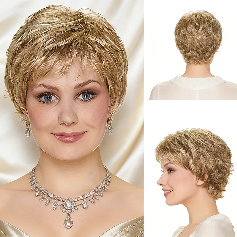 Elegant, fluffy, fashionable silver-gray synthetic wig with bangs, top-of-the-head scalp medium-length hair wig, perfect summer