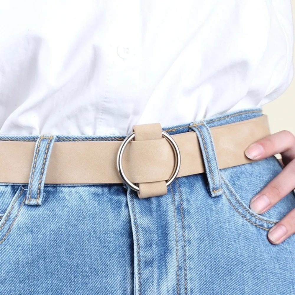 3x103cm Women Belt Needleless Imitation Leather Round Buckle Belt Adjustable Round Buckle Design PU Leather Belt for Daily Wear