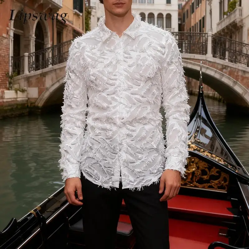 

Весенне-осенние винтажные рубашки с перьями, мужские рубашки с длинными рукавами и кисточками на пуговицах, стильная мужская однотонная рубашка с вышивкой