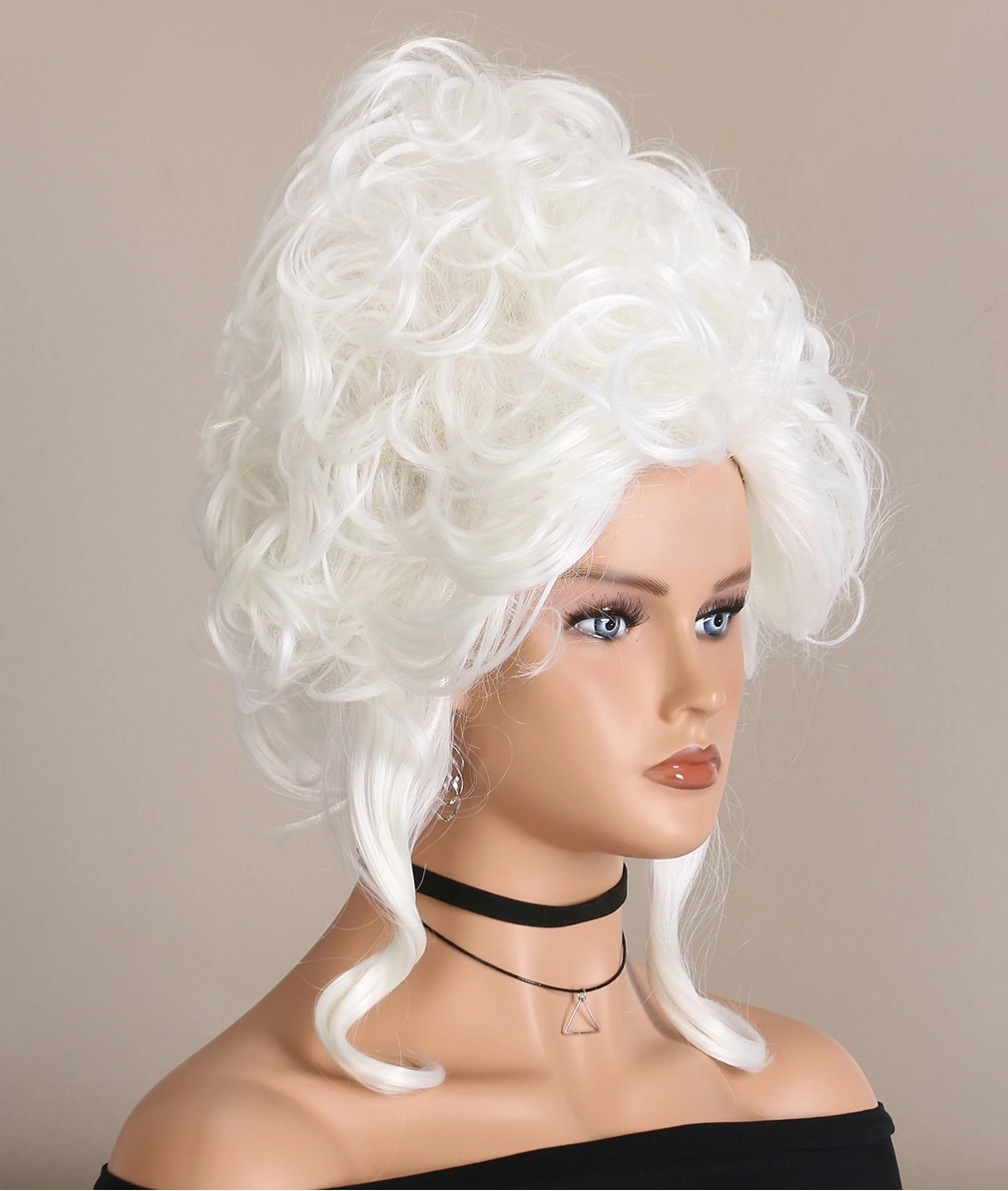 Peluca de cabello sintético resistente al calor, peluca de Cosplay de La Reina de la Corte, María Antonieta, Princesa, mediano, largo, rizado, blanco