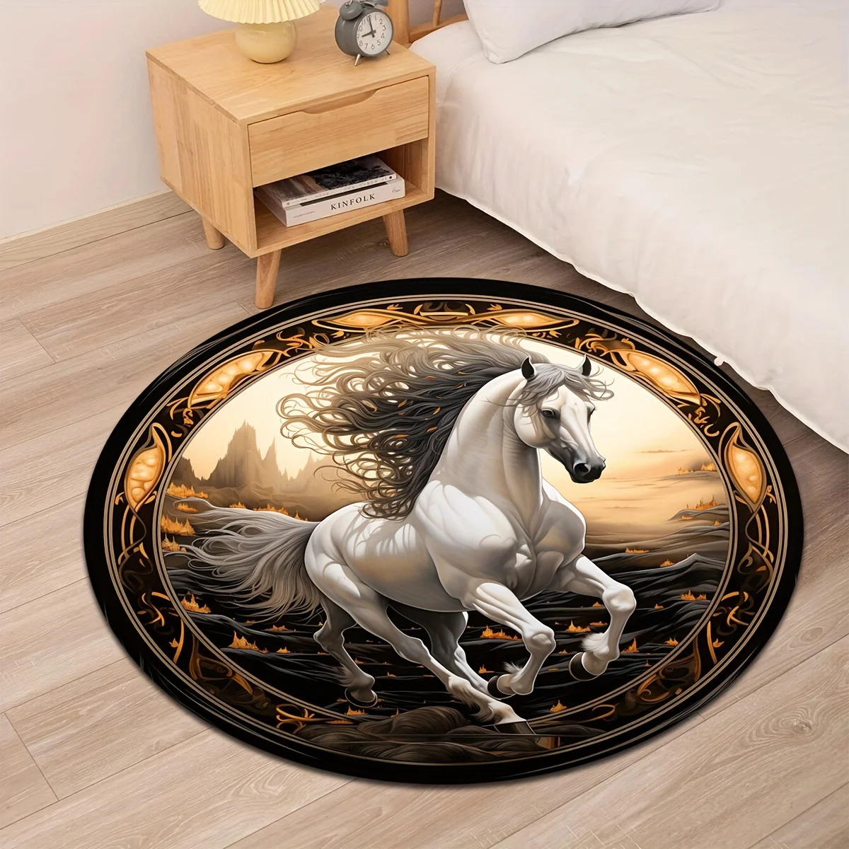 Rustic Bear Round Mat Sleeping Black Bear Tree Stump Welcome Letter Forest Wildlife Circular Decor Rug Indoor Living Space Decor