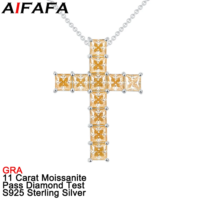 

11 Carat Princess Cut Moissanite Cross Pendant Necklace Champagne Moissanita Lab Diamond Crucifix 925 Pure Silver Jewelry GRA