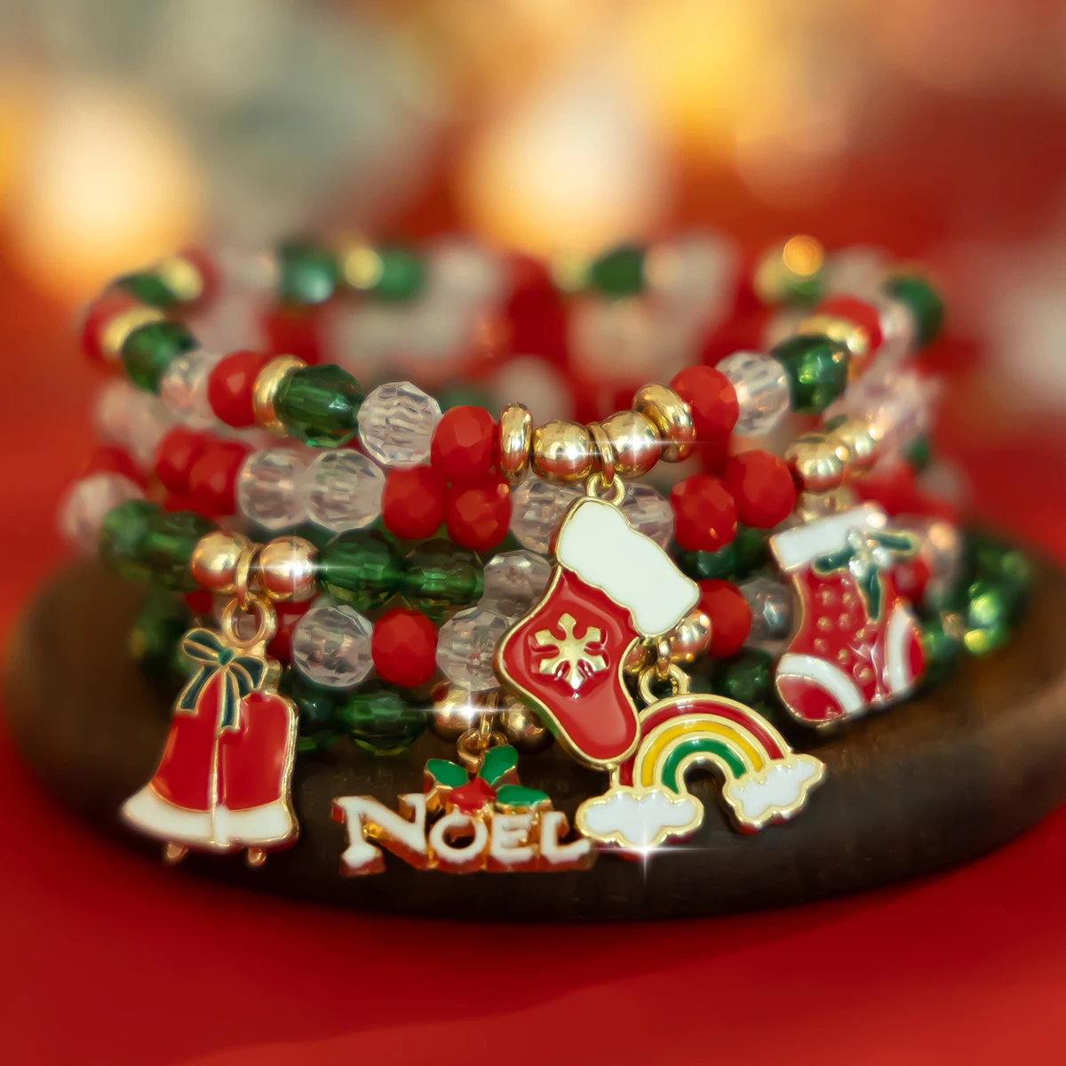 KunJoe 5pcs/set Cute Christmas Bell Snowflake Pendant Bracelet Women Colored Crystal Beads Adjustable Elastic Bracelet Jewelry