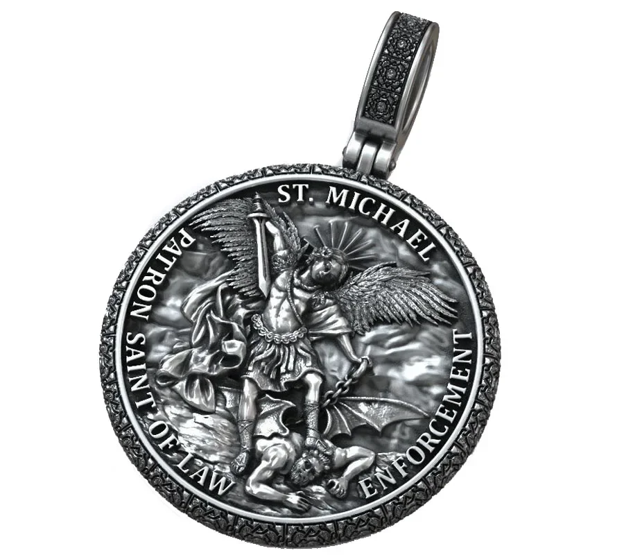 8.5g Big Archangel Michael Patron Saint Of Law Enforcement Amulet Art Relief Customized 925 SOLID STERLING Silver Pendant