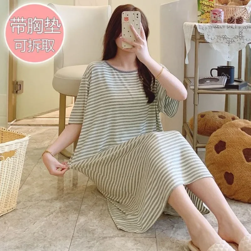 

Plus Size Women Stripe Nightgown with Chest Pad Summer Short Sleeve Loose Loungewear Korean Student Dormitory Home Clothes