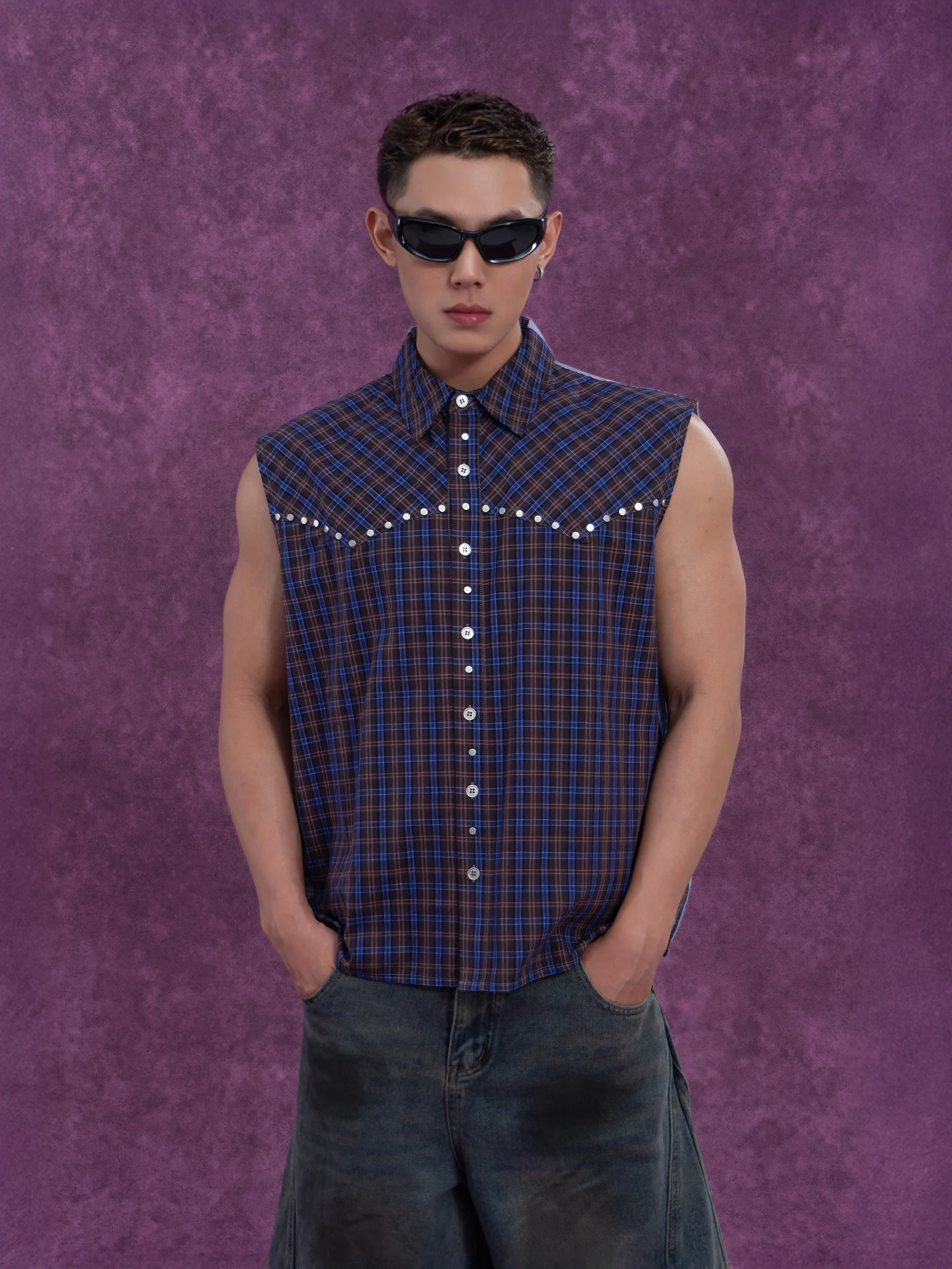 

Blue Plaid Sleeveless Casual Shirt Men's Vest Patchwork Rivet Loose Fit Citylaziestplayer 2025AW Regular Length Button up