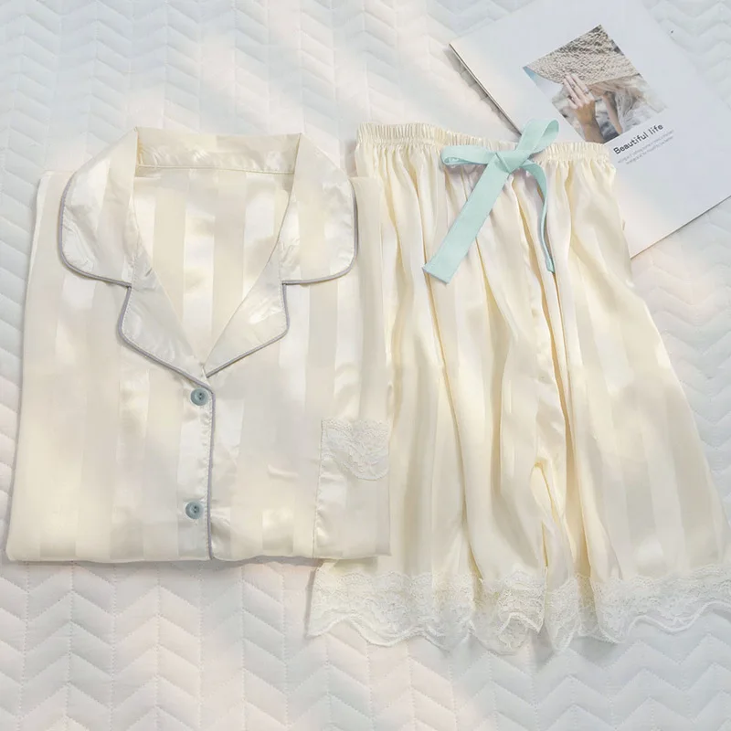 Set Women's Elegant Lounge Set, Plus Size Satin Striped Button Up Long Sleeve Shirt & Pants Pajamas 1