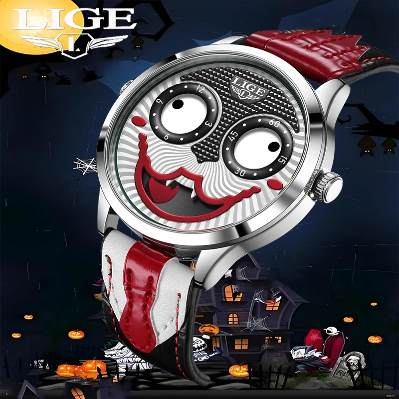 LIGE Creative Man Watches For Men Clown Fashion Wristwatches Waterproof Leather Strap Mens Quartz Watch Cool Joker Reloj Hombre