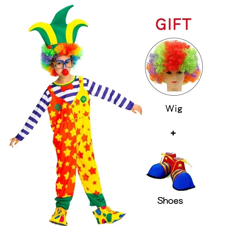 Halloween Kids Clown Cosplay Costumes Shoes and Wig Performance Funny Outfit for Girl Party Gift