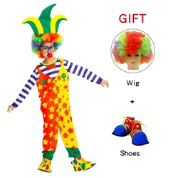 Halloween Kids Clown Cosplay Costumes Shoes and Wig Performance Funny Outfit for Girl Party Gift