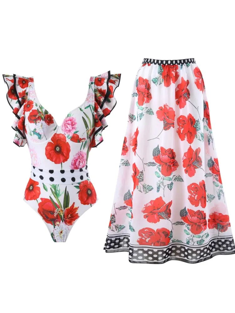 

2 piece sets Retro Bikini Print Fashion Swimsuit And Cover Up With Skirt Tight Women's Bandage Summer Beach Luxury Elegant 2025