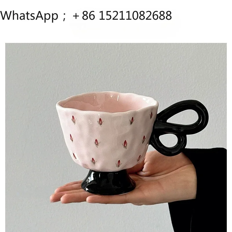 LLY retro handmade pink floral butterfly handle medieval mug water cup ceramic coffee cup