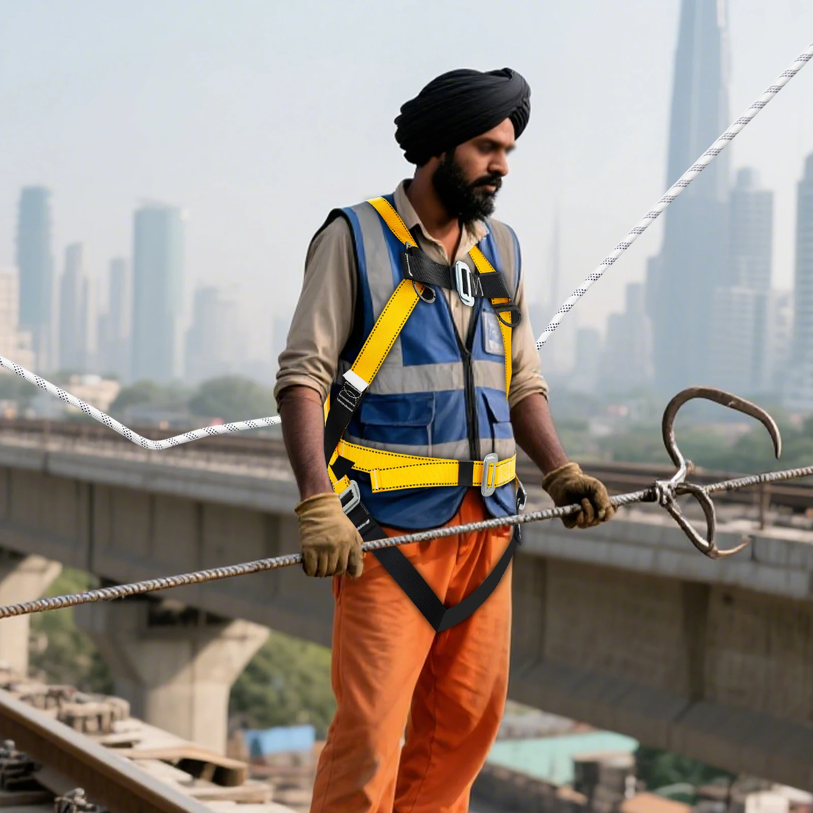 حزام أمان للحماية من السقوط لكامل الجسم، حزام أمان 5 نقاط مع حبل، نظام إيقاف السقوط بسعة 4850 رطلًا للبناء