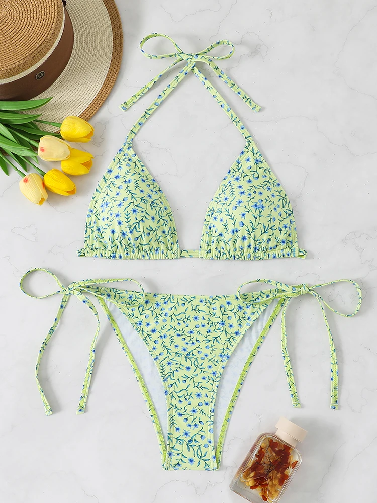 Women's Swimsuit Female Micro Bikini Woman Swimwear 2026 Summer Beach Wear Bathing Suit Floral Neck Halter Thong Bikinis Sets