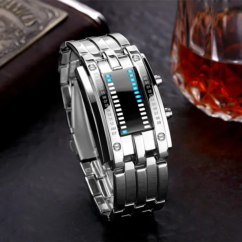 

Business Men Stainless Steel Blue Binary Luminous LED Electronic Watch Displays Waterproof Fashion Women Led Watch Reloj Hombre