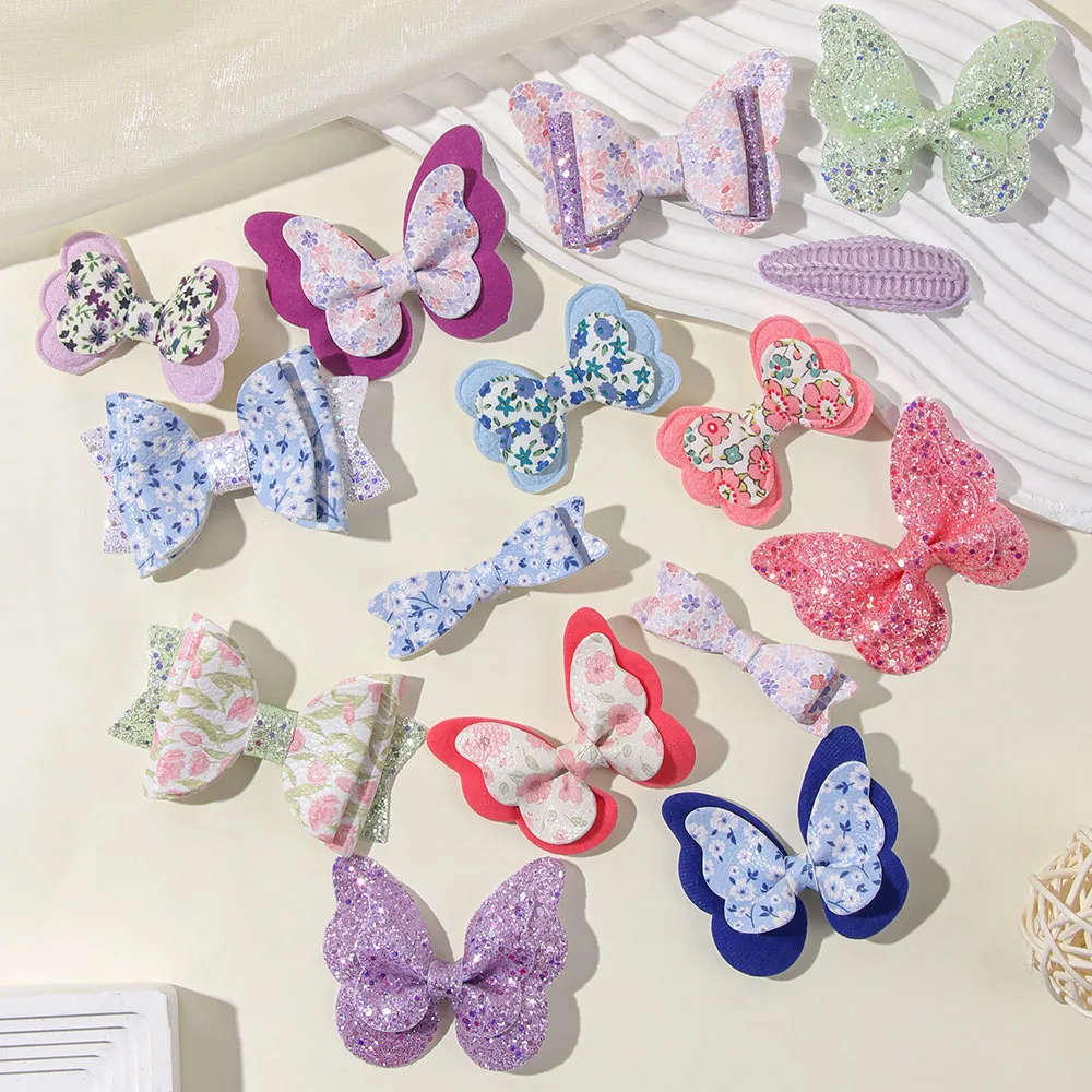 4가지 스타일의 나비 머리핀, 아이들용 리본 헤어핀, 정교한 소녀 패션 귀여운 화려한 바레트 클립, 프린트된 아기 헤어 액세서리