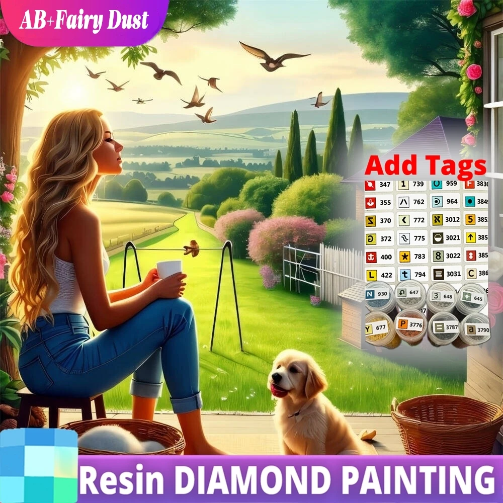 

Resin AB Fairy Dust DIY Diamond Embroidery Woman Portrait Mosaic Dog Picture Of Rhinestones Painting Farm Wall Decor