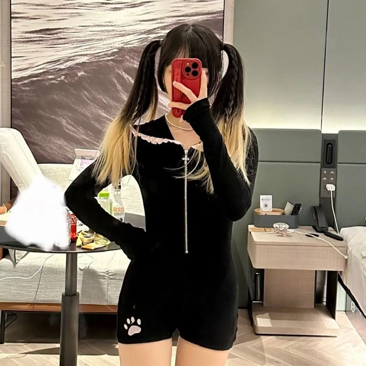 Kimotimo Women Japanese Kawaii Bunny Ear Color Block Romper Slim Fit Sexy Niche Design Shorts Jumpsuit Cute Harajuku Outfit