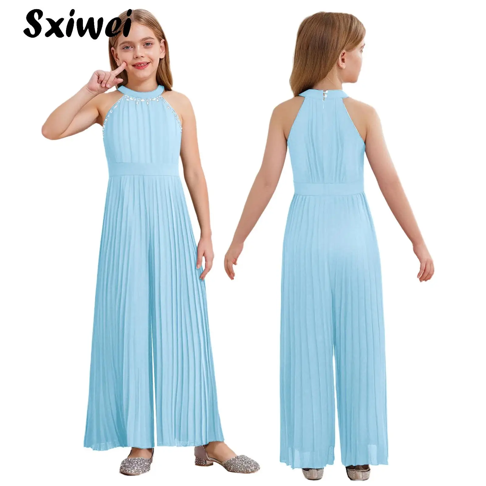 

Kids Girls Chiffon Party Jumpsuit Bodysuit Elegant Halter Neck Wide Leg Romper Pleated Full Body Wedding Birthday Banquet Suit